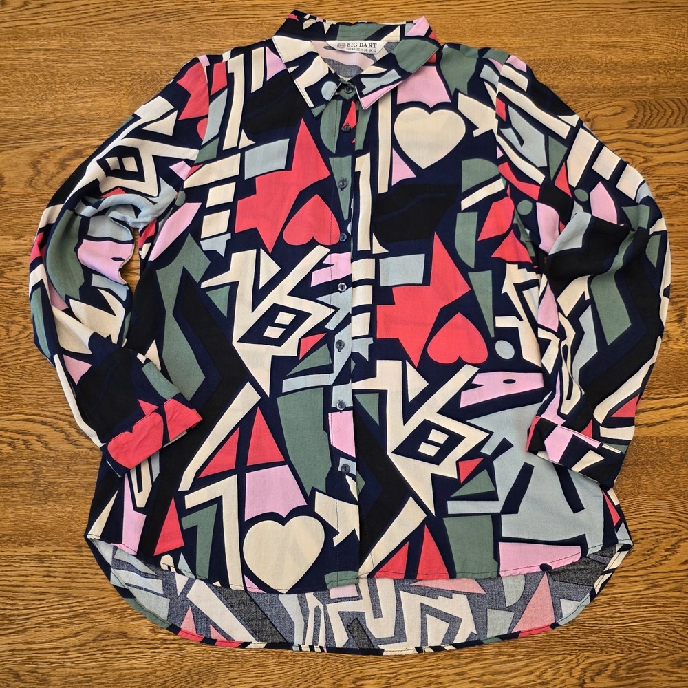 Retro 80s Sz 8 Abstract Blouse Womens Pink Green Funky Pop Art Button Down Comic - Picture 3 of 10
